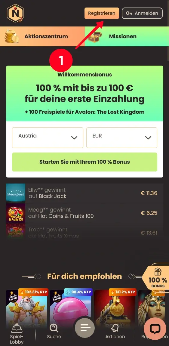 Hervorgehobener Registrieren-Schaltfläche