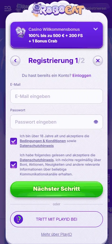Robocat Konto Anmeldung