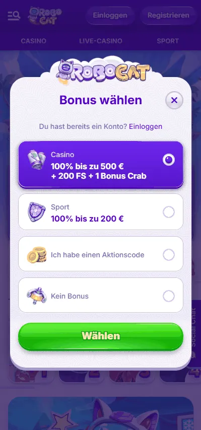 Robocat Casino Registrierung