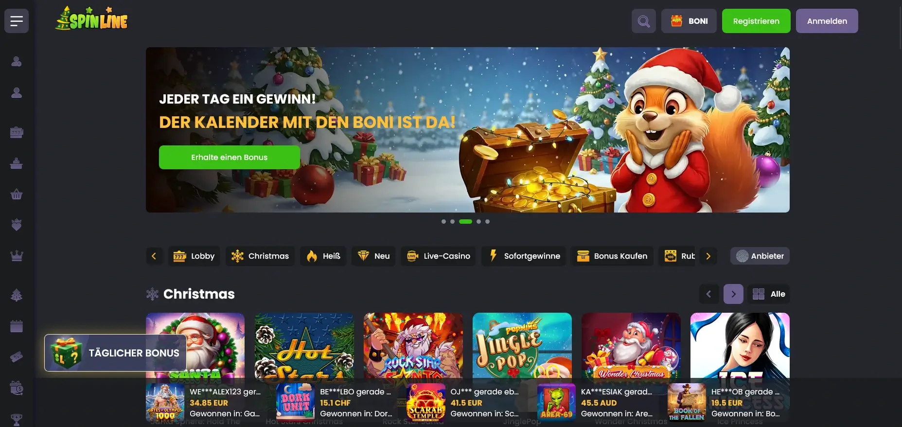 Casino-Startseite von Spinline mit Bonusbanner und direktem Spielezugang Spinline ohne Verifizierungsabfrage