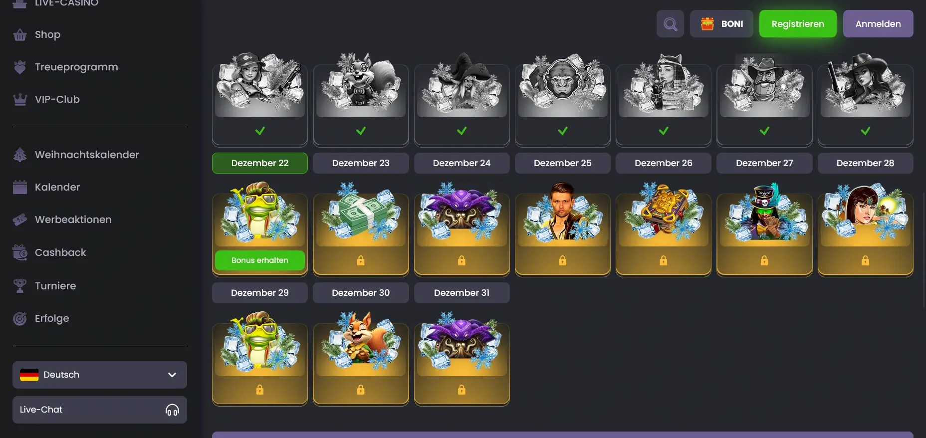 Casino Bonus Kalender mit täglichen Belohnungen Spinline Bonus Kalender