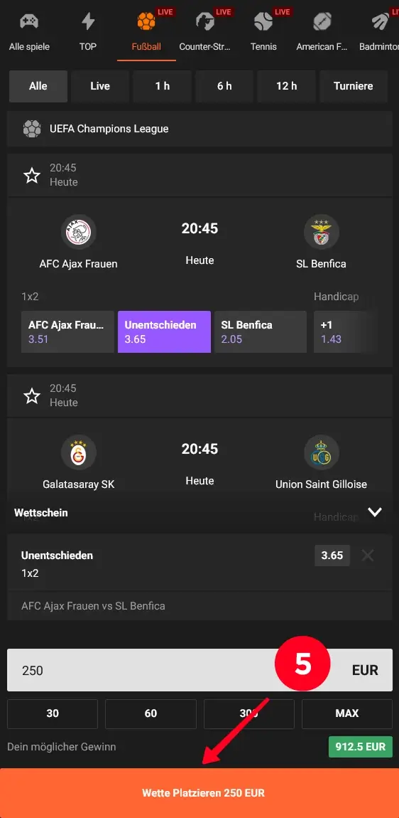 Wette platzieren 250 EUR