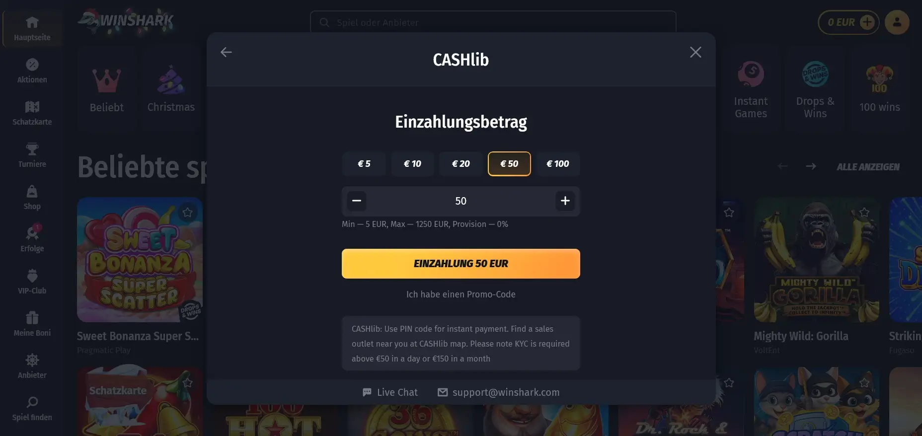 Cashlib-Einzahlungs-Auswahl in Winshark