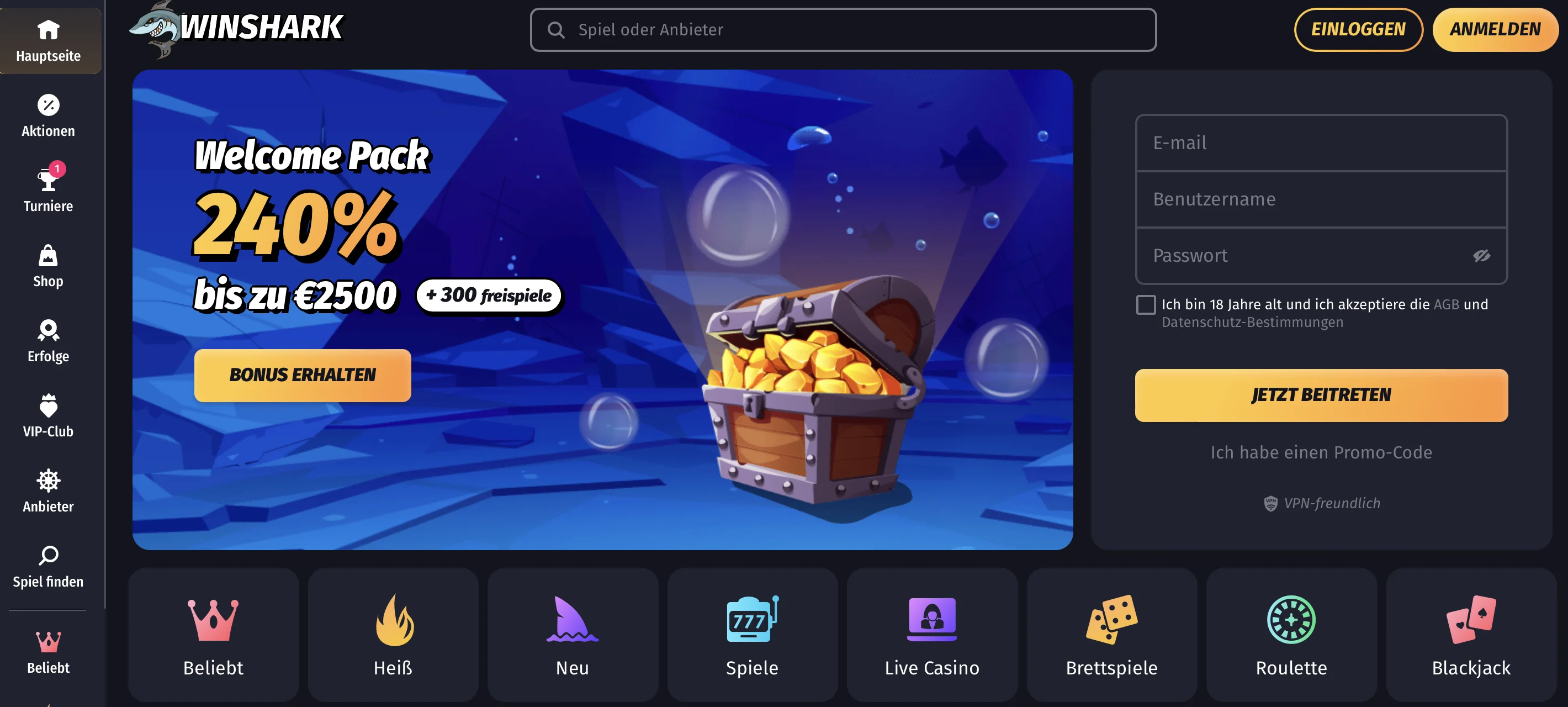 Casino-Lobby von Winshark mit Anmeldung ohne direkte Verifizierung Winshark ohne sofortige Kontoüberprüfung