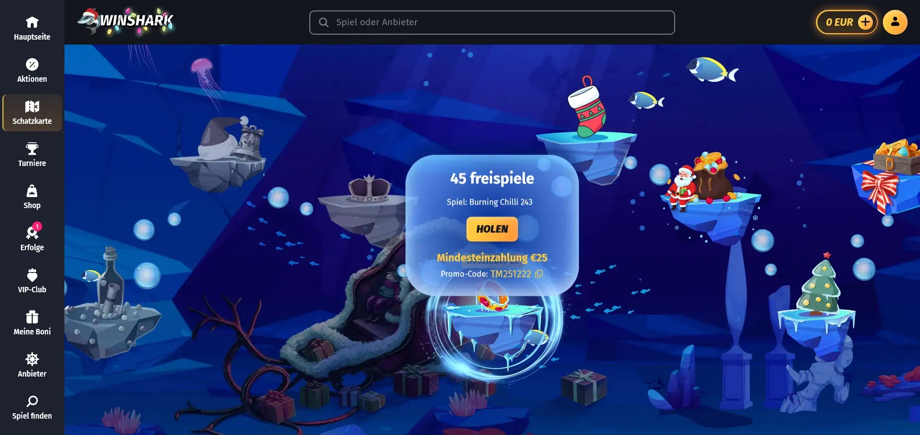 Tägliche Casino Bonus Aktion bei Winshark mit Schatzkarte Winshark Bonus Schatzkarte
