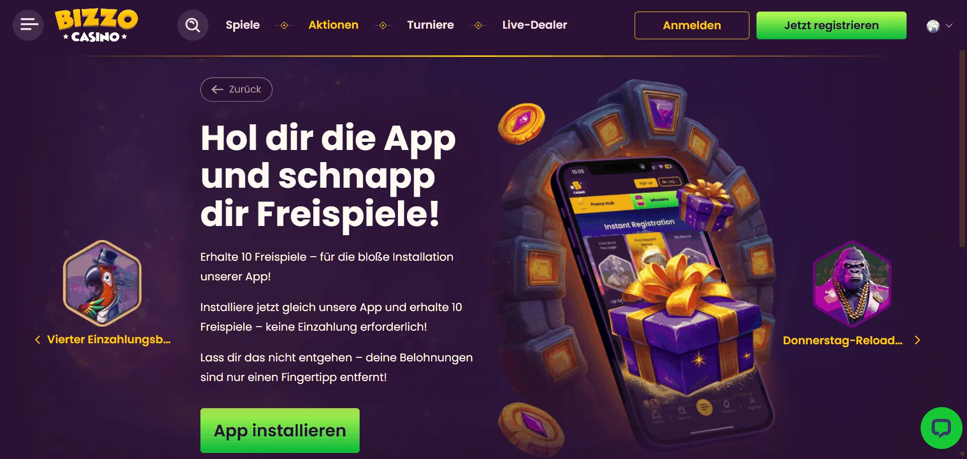 Bizzo Casino bietet einen Bonus ohne Einzahlung für die App-Installation mit kostenlosen Freispielen Bizzo Casino Bonus ohne Einzahlung