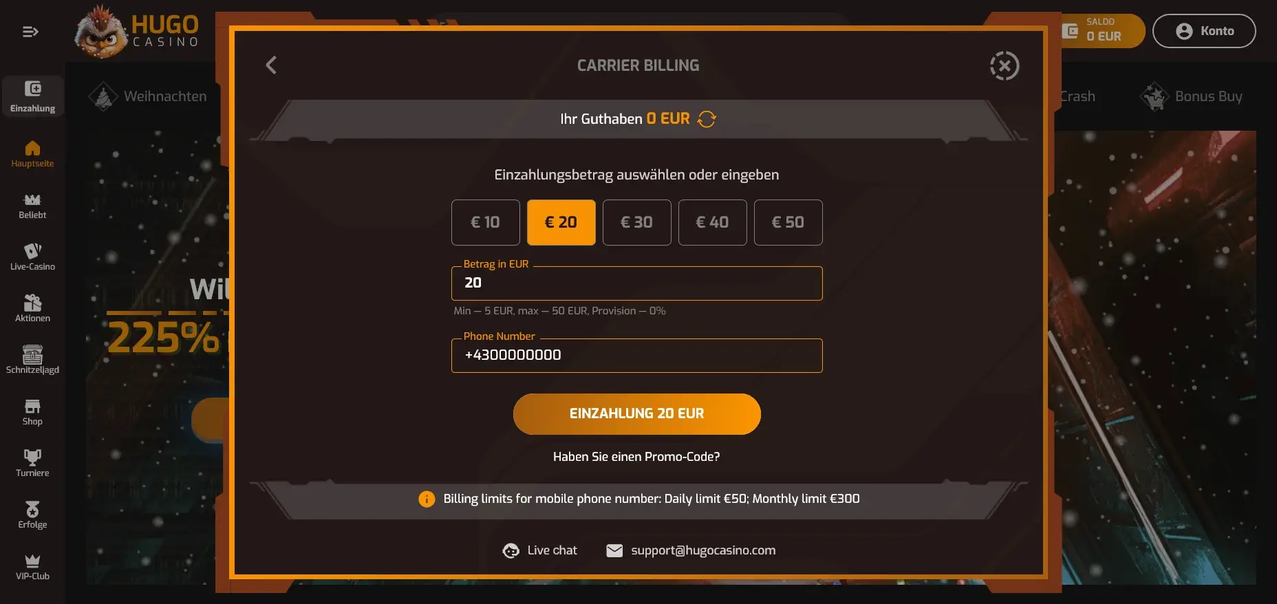 Drei Einzahlung per Handyrechnung im Hugo Casino für Echtgeld Spiele Drei Einzahlung im Hugo Casino