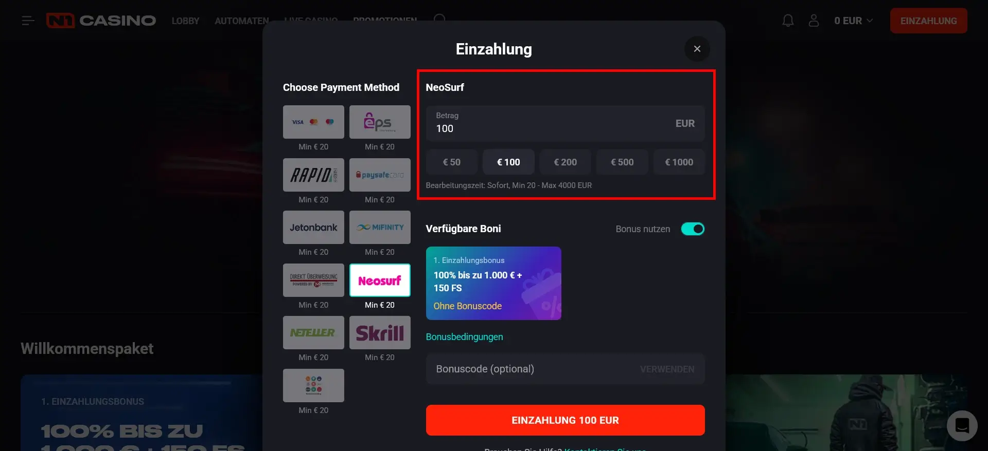 Neosurf Einzahlung im N1 Casino