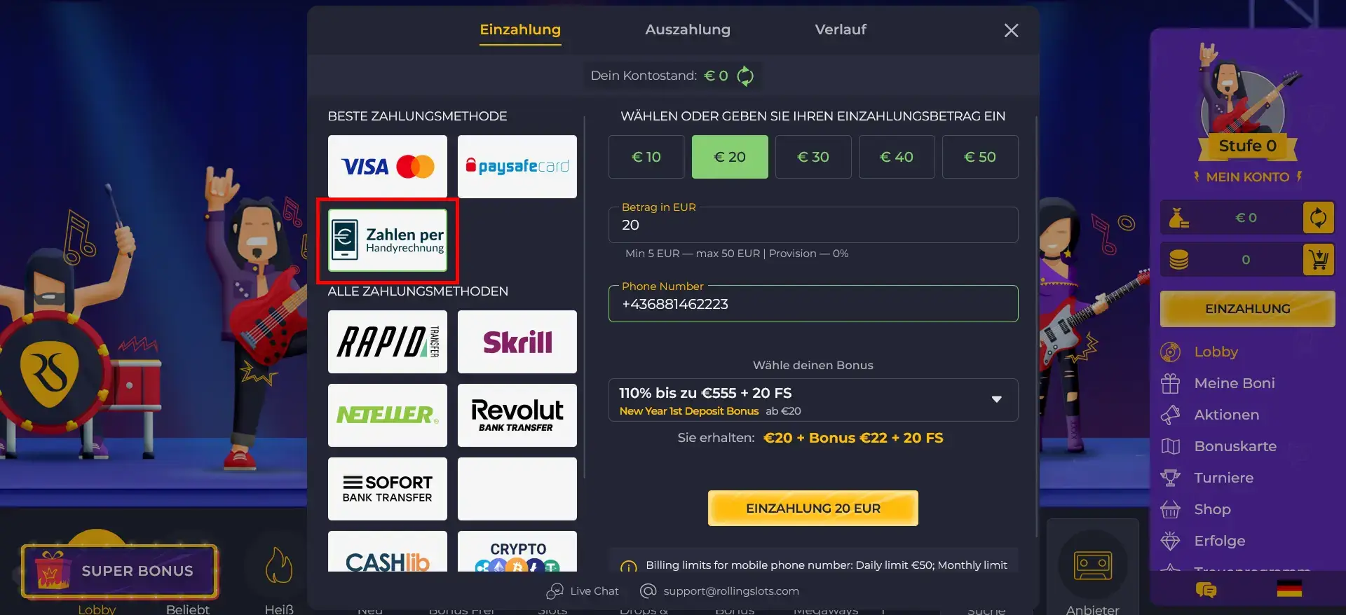 Rolling Slots Casino mit Einzahlung über die Handyrechnung Rolling Slots Handyrechnung Casino