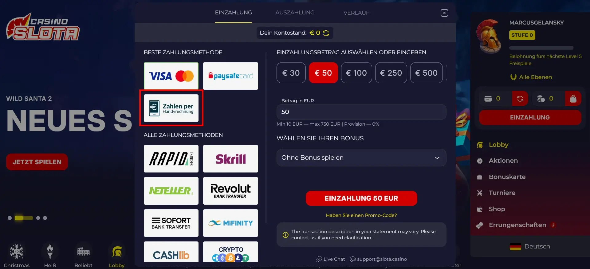 Casino Slota ermöglicht Einzahlungen über die Handyrechnung Casino Slota Einzahlung per Handyrechnung