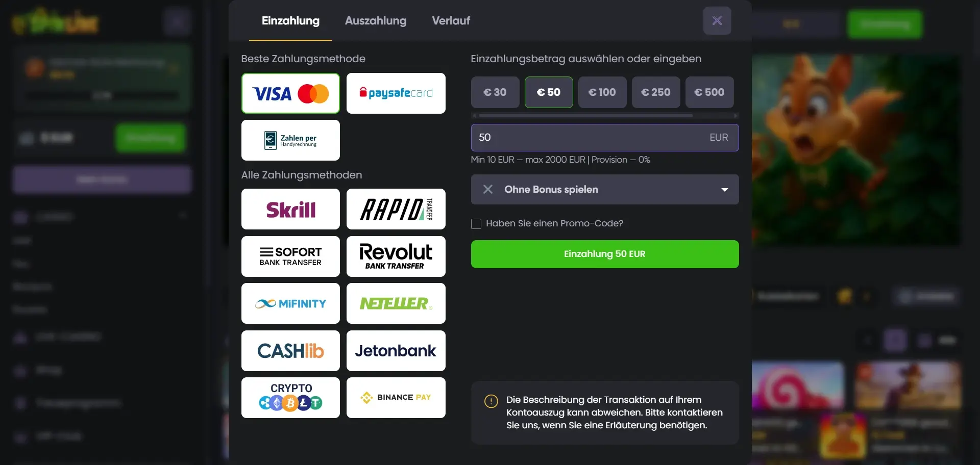 Spinline Einzahlung ab 10 Euro