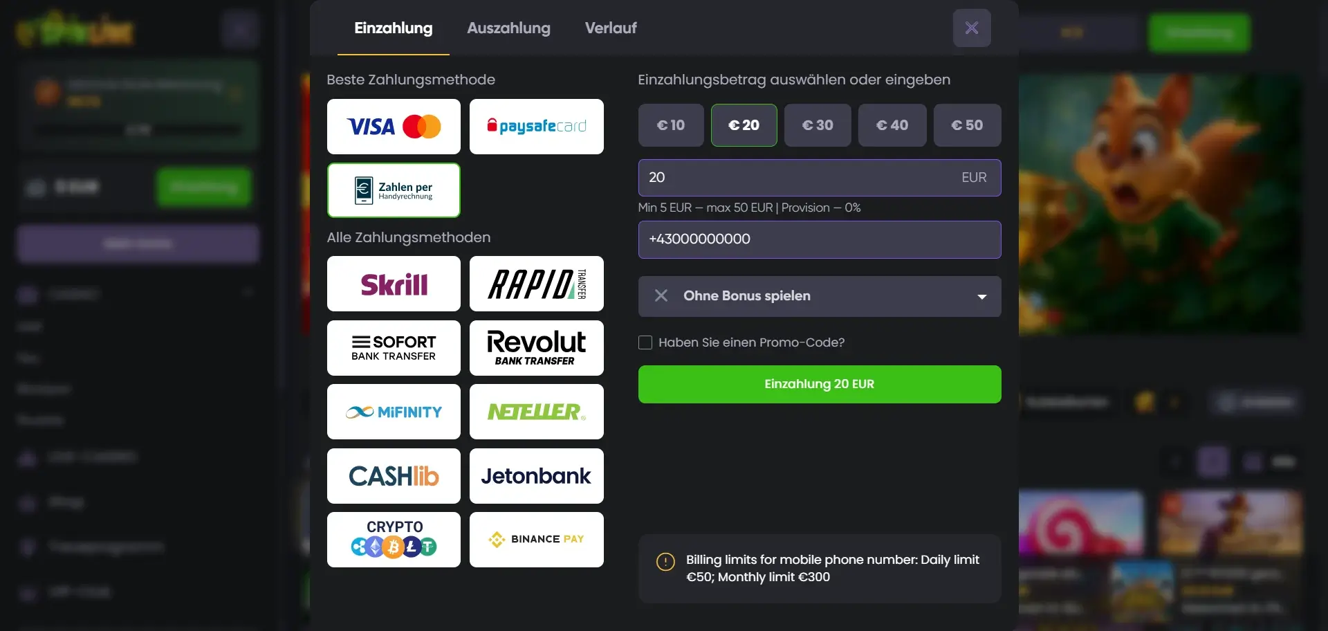 A1 Carrier Billing im Hugo Casino