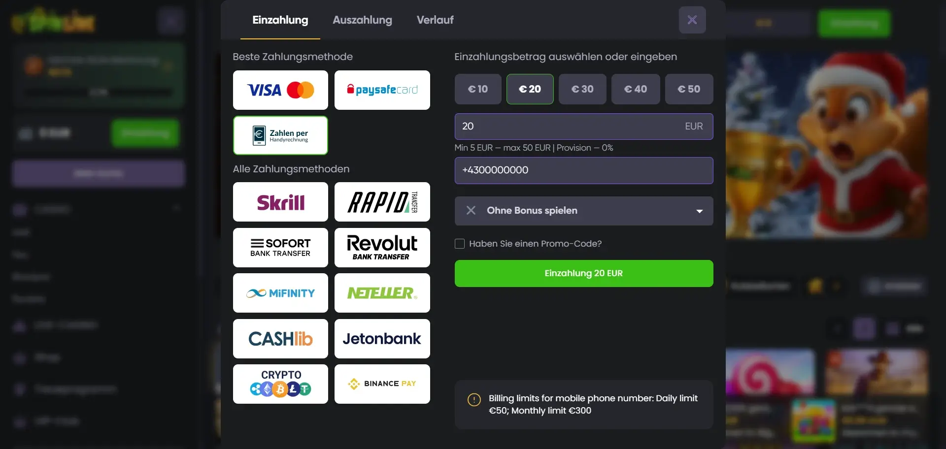 Drei Einzahlung per Handyrechnung in Spinline Casino Drei Einzahlung im Spinline