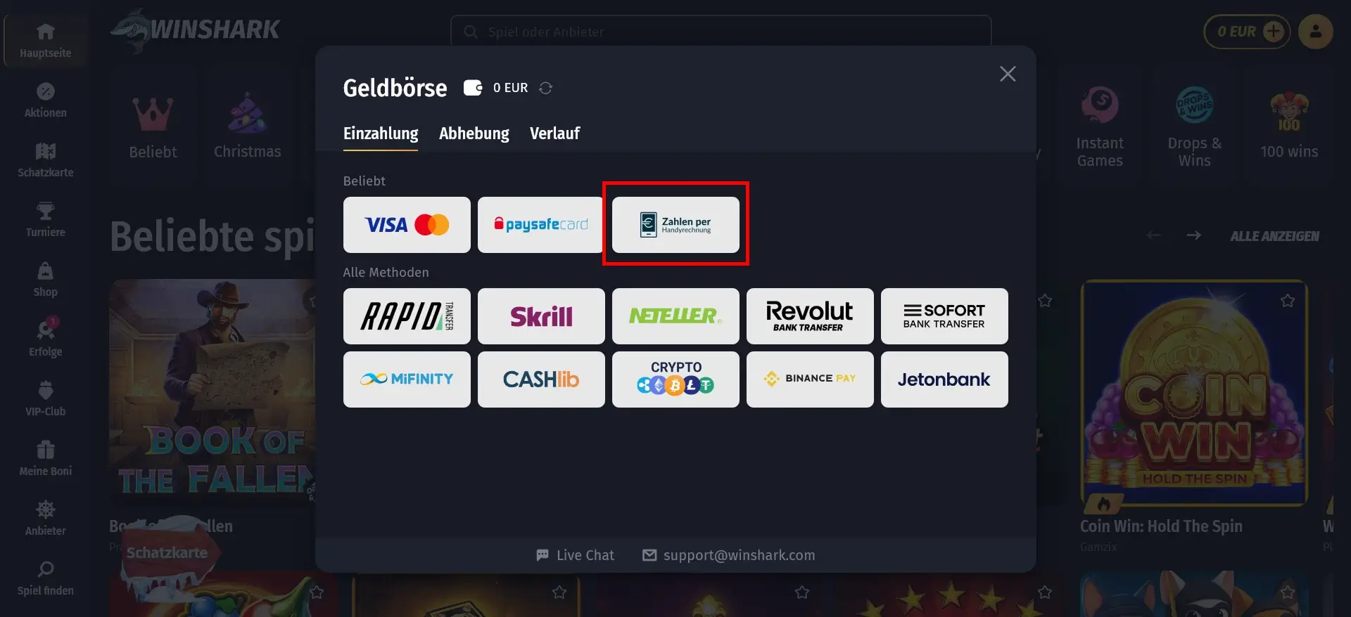 Winshark Casino bietet die Option per Handyrechnung zu zahlen Winshark Casino Handyrechnung Zahlung