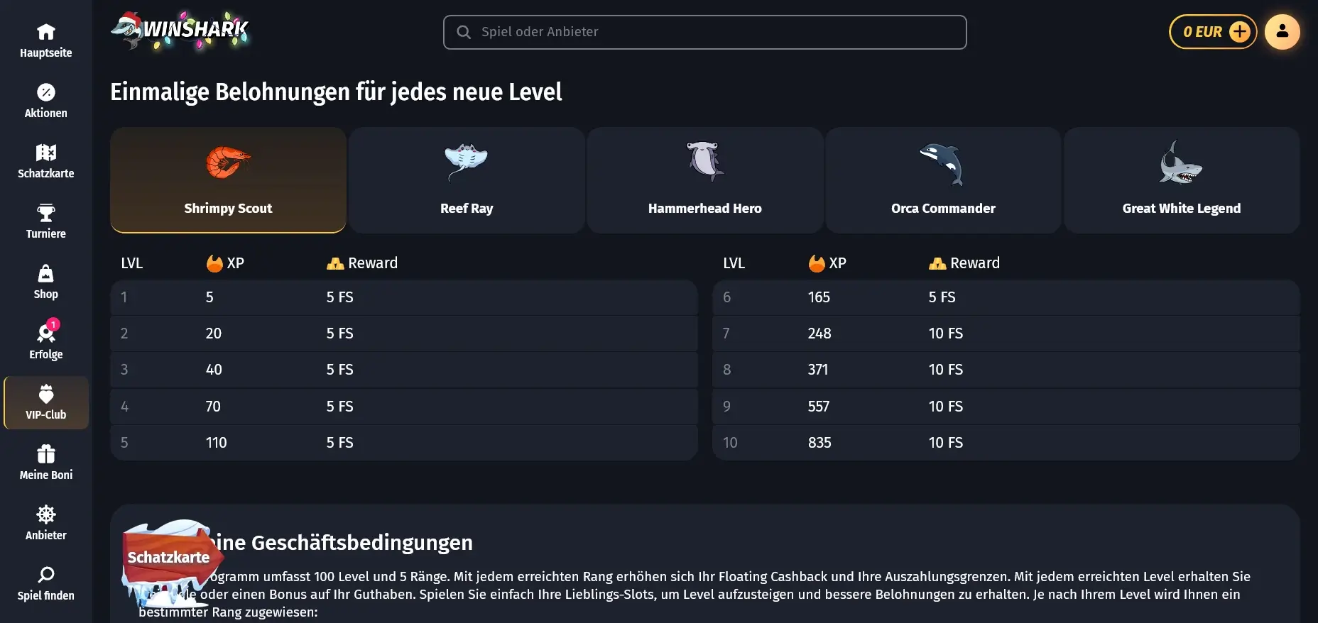 WinShark Casino Treueclub-Übersicht