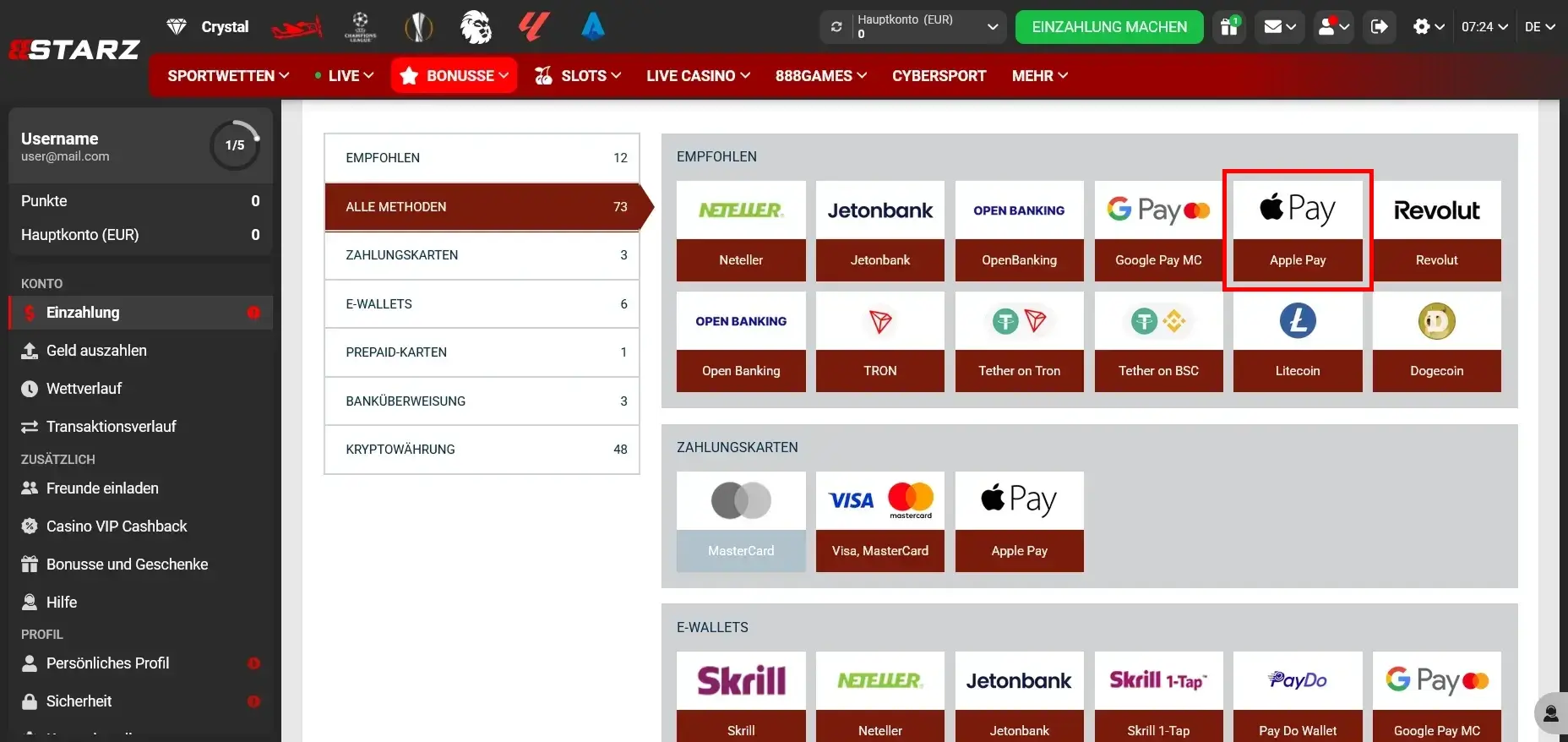 Zahlungsübersicht im 888Starz Casino mit Apple Pay für schnelle und einfache Einzahlungen 888Starz Casino Apple Pay Nutzung