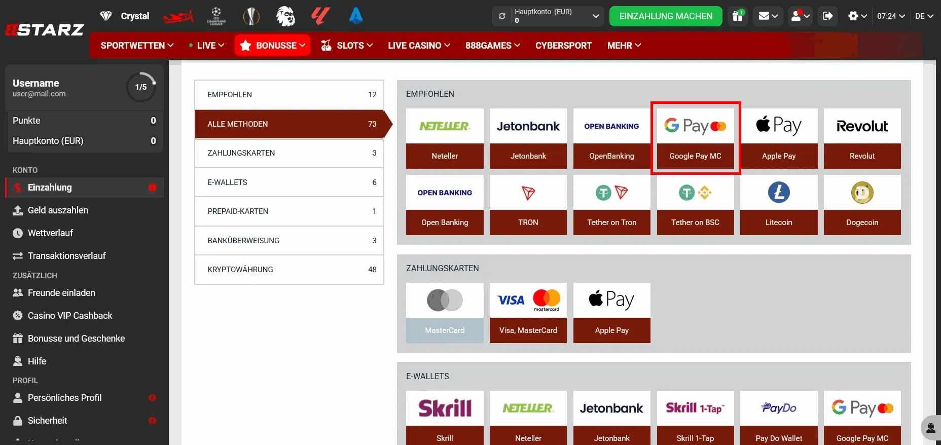 888Starz Casino zahlt mit Google Pay