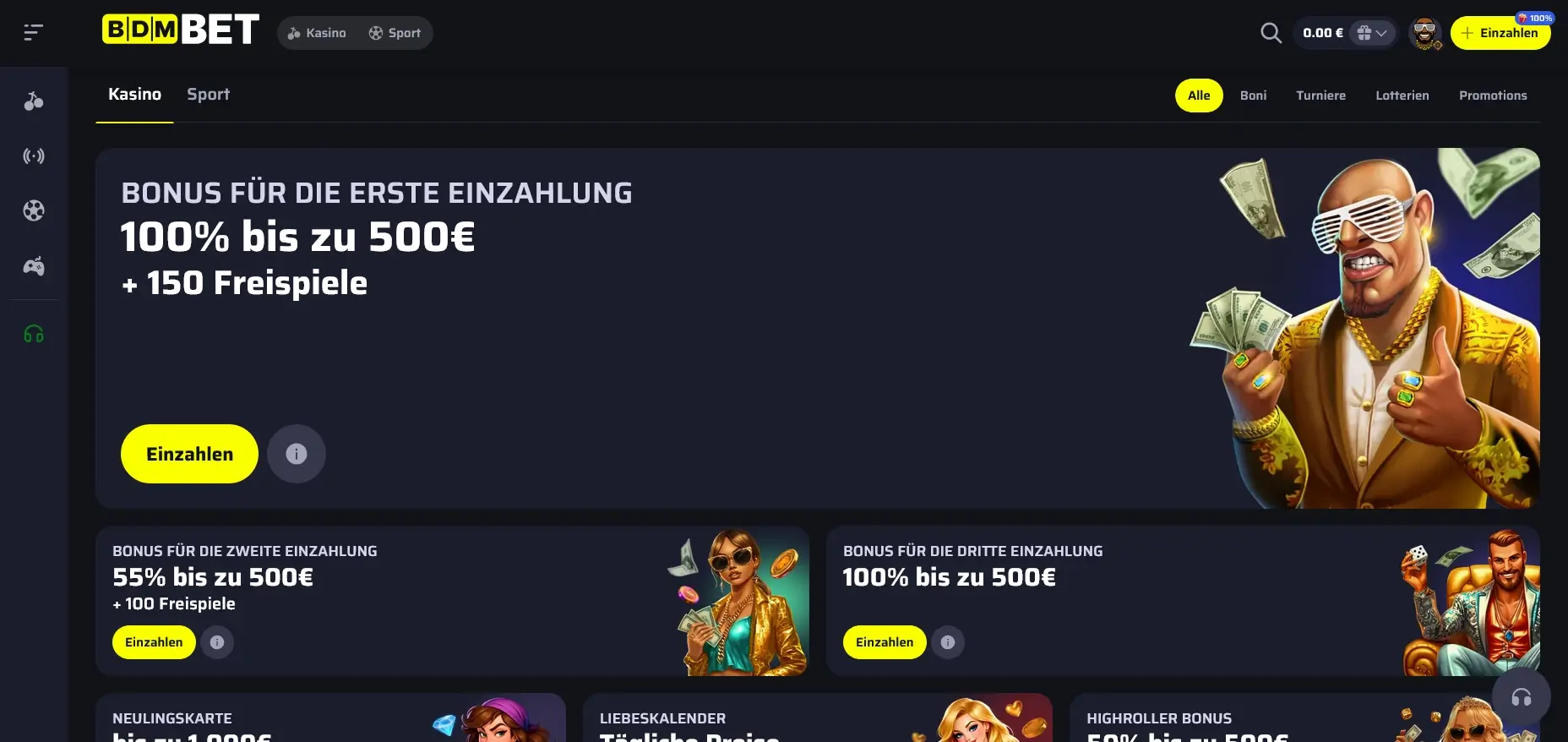 Darstellung der bdm casino bonuses mit 100 Prozent Bonus bis 500 Euro und Freispiele für neue Spieler Übersicht der bdm casino bonuses mit Einzahlungsangeboten