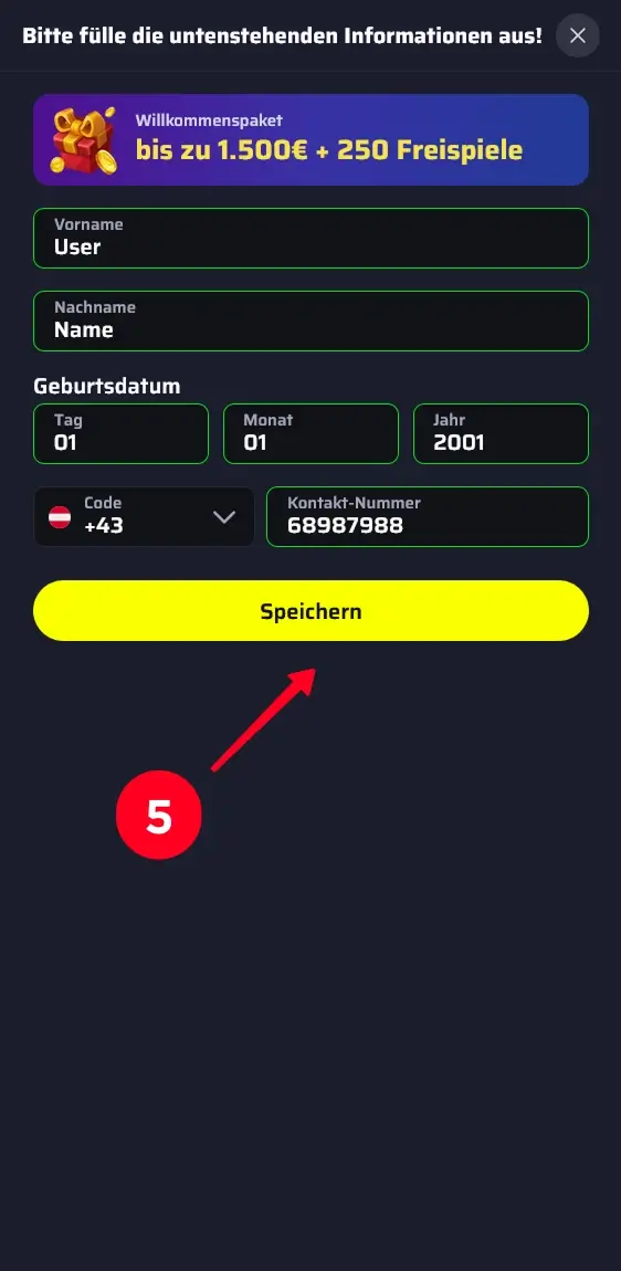 Speichern der persönlichen Daten im bdmbet Registrierungsprozess