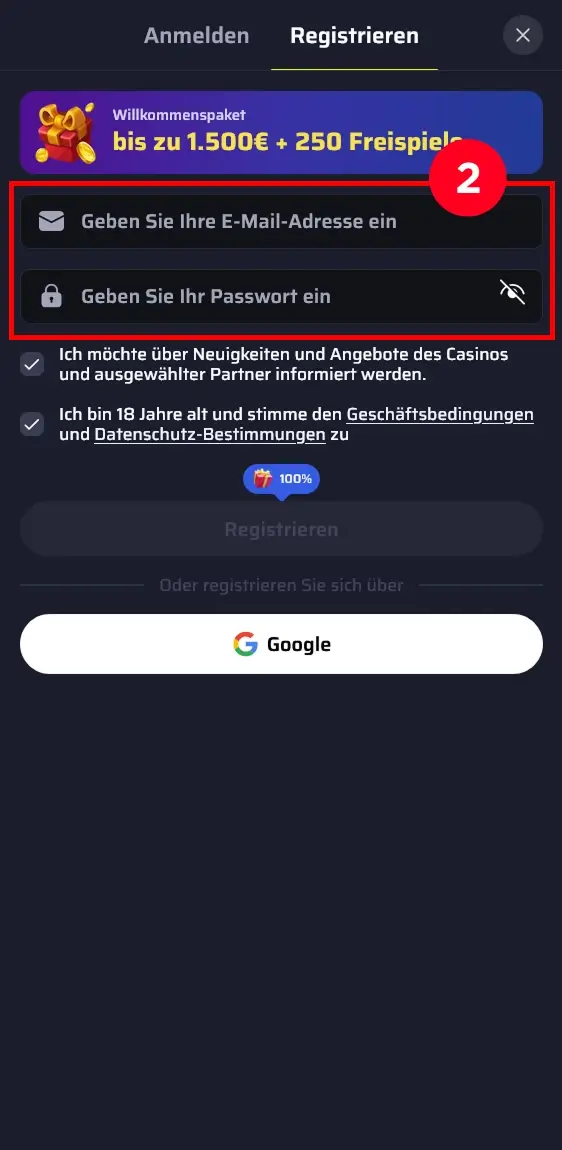 Anmeldefenster von bdmbet mit E-Mail und Passwort Feldern