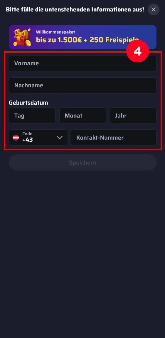 Registrierungsformular bei bdmbet mit Eingabe von Name und Geburtsdatum
