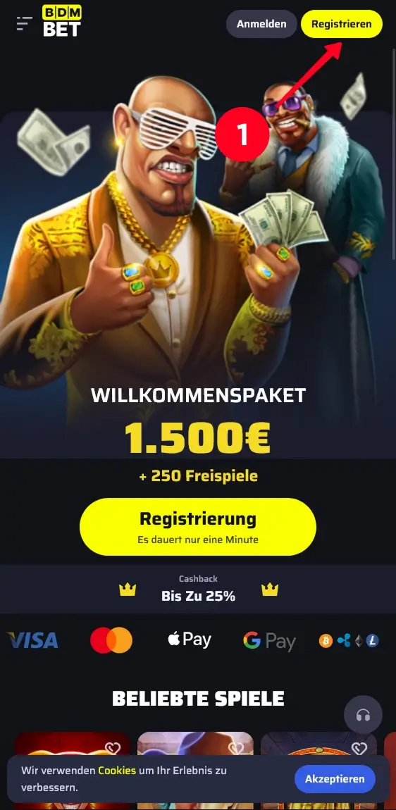 Startseite von bdmbet mit Registrieren Button und Willkommensbonus