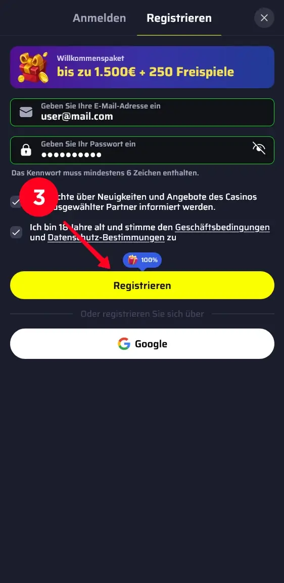 Bestätigung der Registrierung bei bdmbet mit Klick auf Registrieren