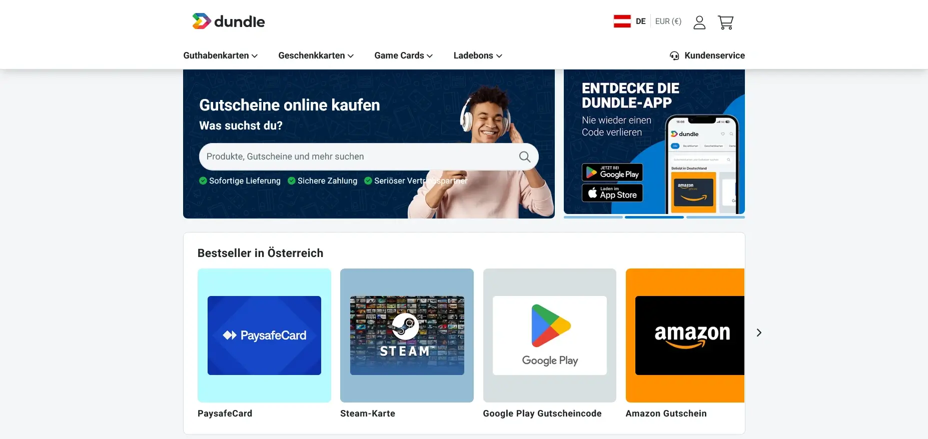 Übersicht der Plattform im dundle review mit PaysafeCard, Steam-Karte und Amazon Gutschein Bildschirmaufnahme der Dundle-Startseite für das Dundle Review
