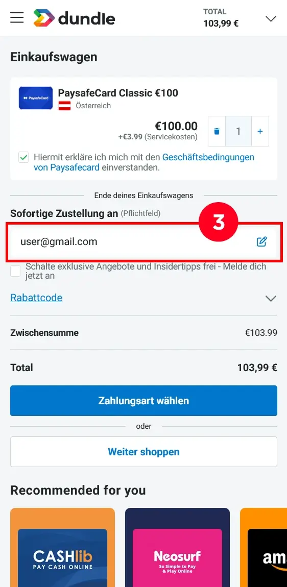 E-Mail-Eingabe beim PaysafeCard Kauf auf Dundle