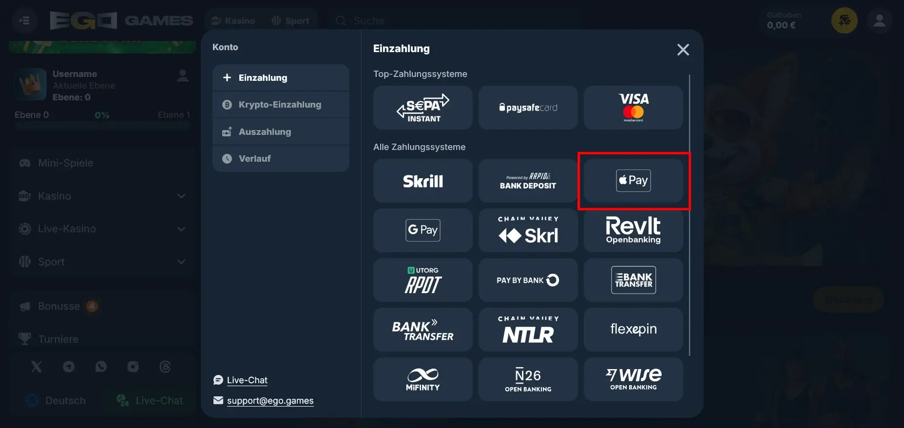 Einzahlung im EgoGames Casino mit Apple Pay und übersichtlichen Zahlungsmöglichkeiten EgoGames Casino mit Apple Pay