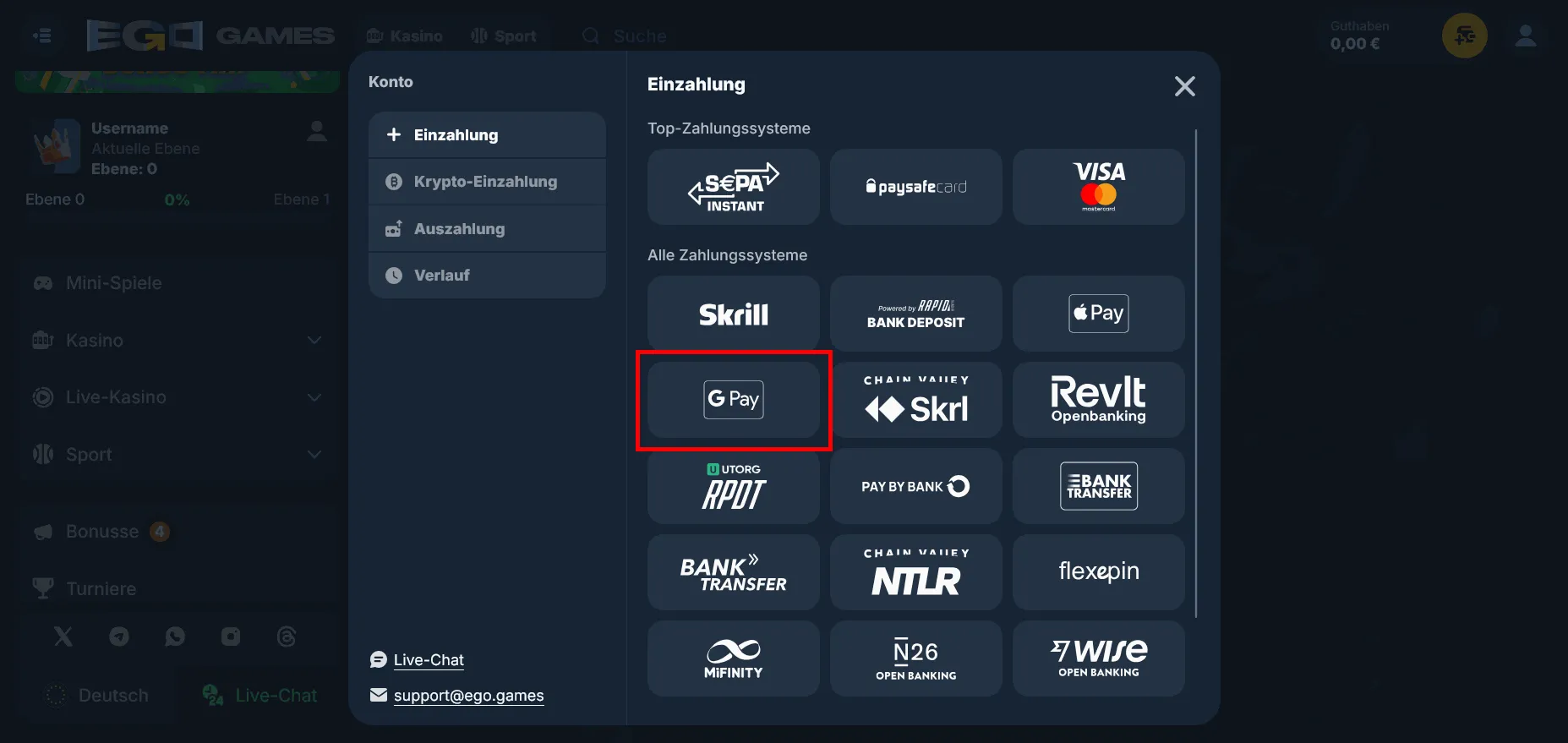 EgoGames Casino Google Pay Einzahlung