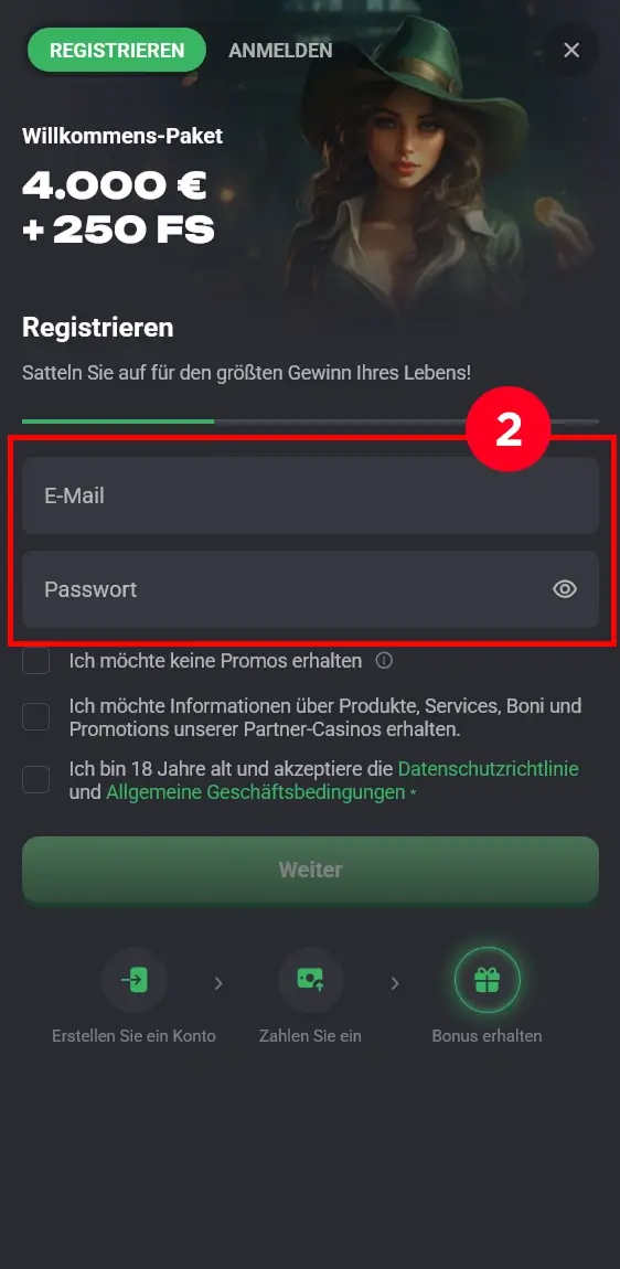 Eingabefelder Slothunter Registrierung