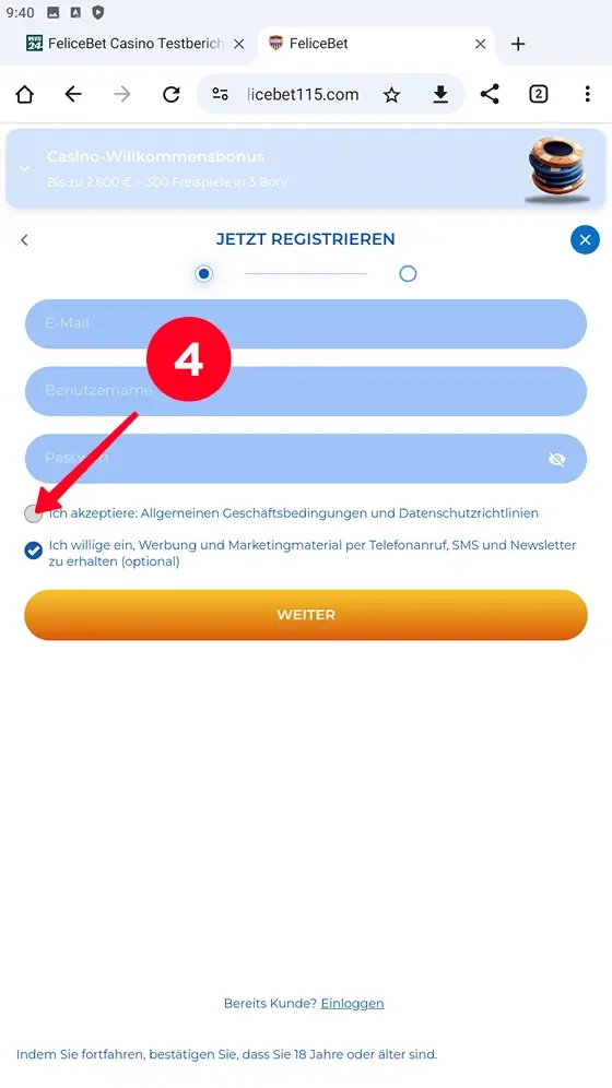 AGB Bestätigung FeliceBet Registrierung
