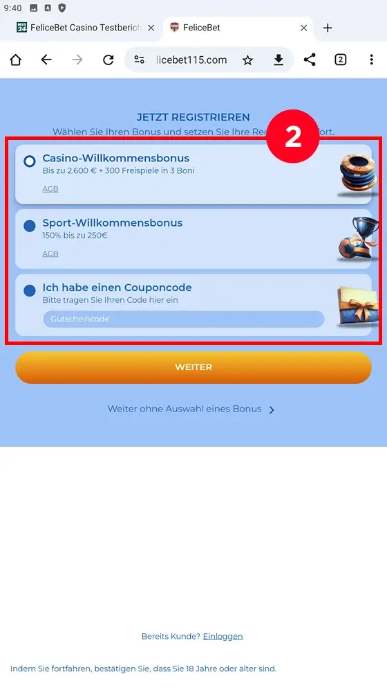 Bonusauswahl bei FeliceBet