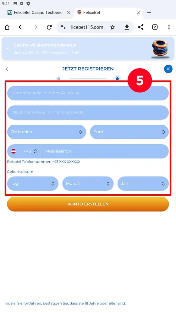 Persönliche Daten FeliceBet Registrierung
