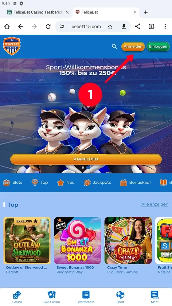 Start der FeliceBet Registrierung