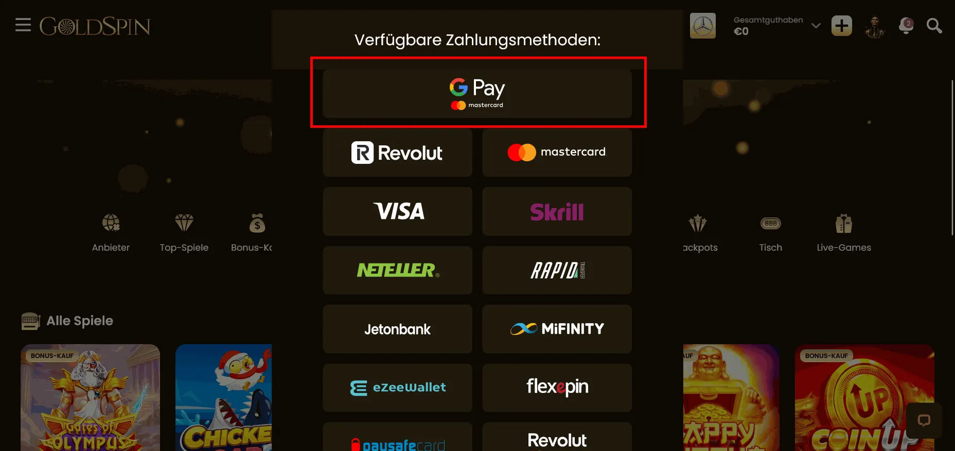Goldspin Casino mit Google Pay
