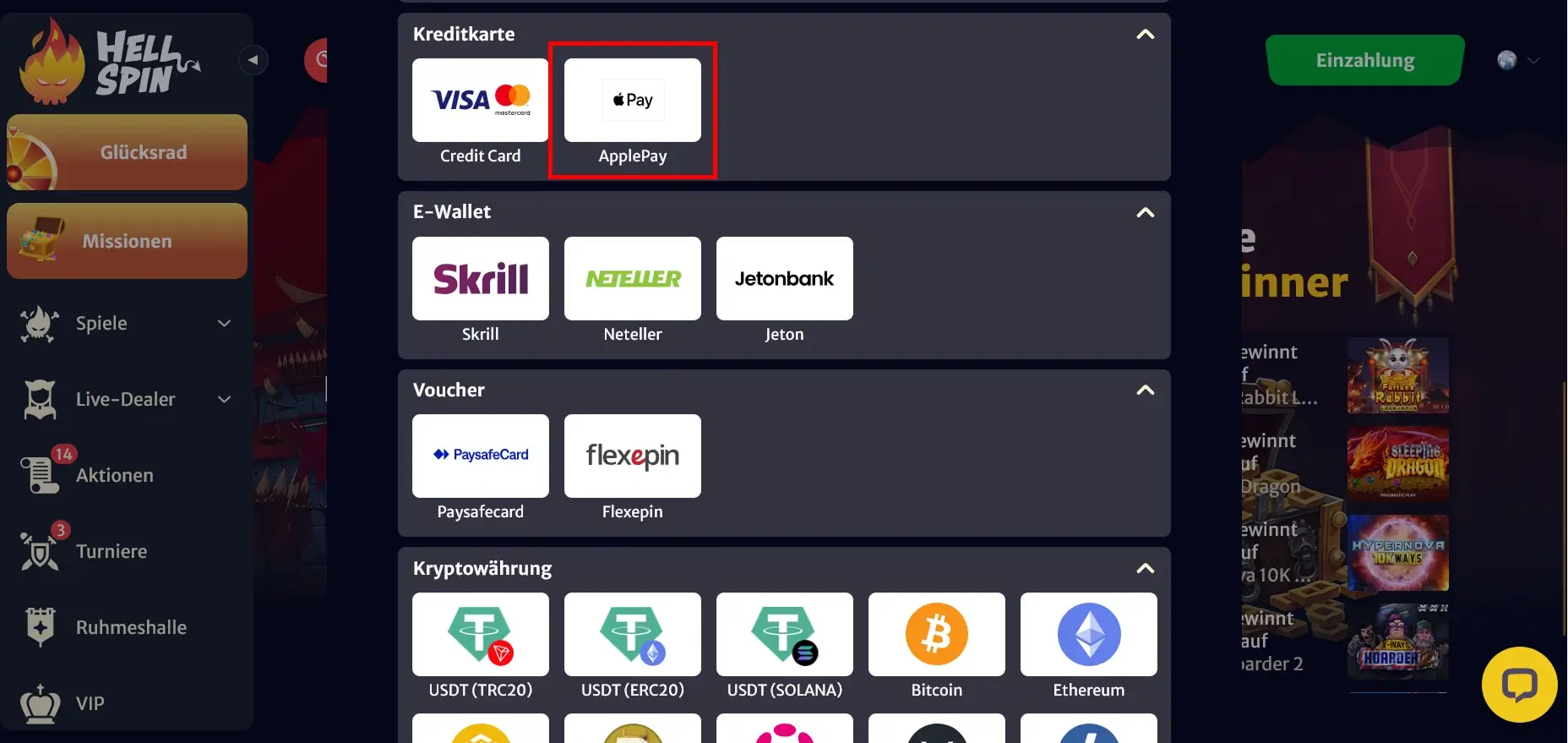 HellSpin Casino ermöglicht Einzahlungen per Apple Pay direkt über mobile Geräte HellSpin Casino zahlt mit Apple Pay