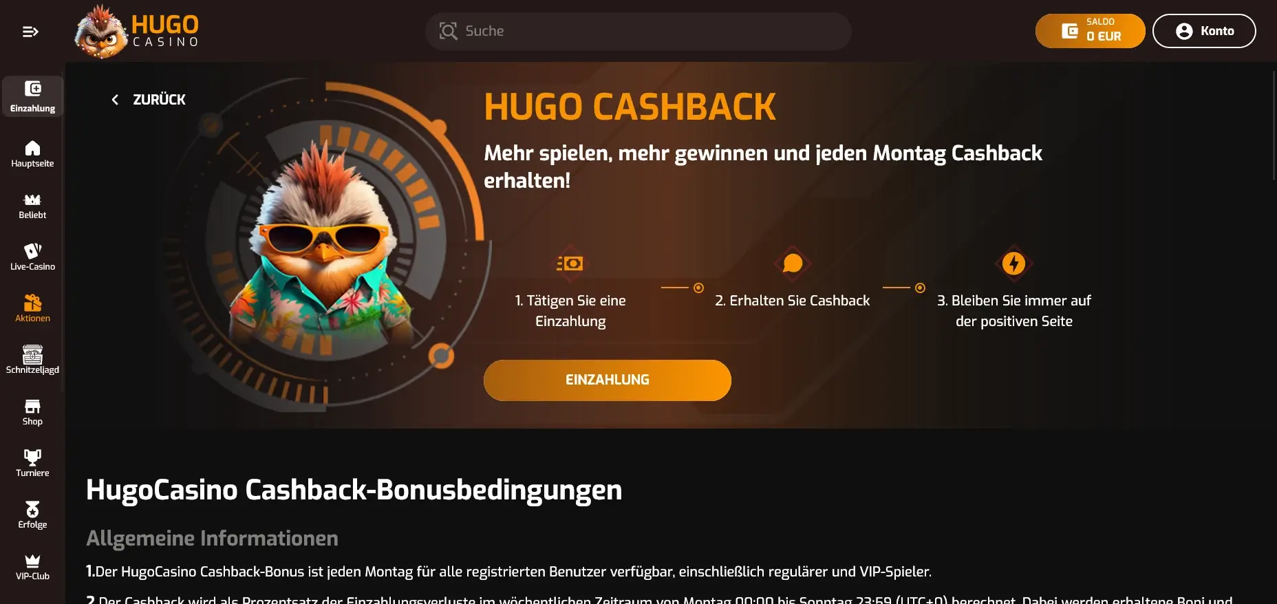 Hugo Casino zahlt Casino Cashback jeden Montag an registrierte Spieler aus Hugo Casino Cashback Angebot