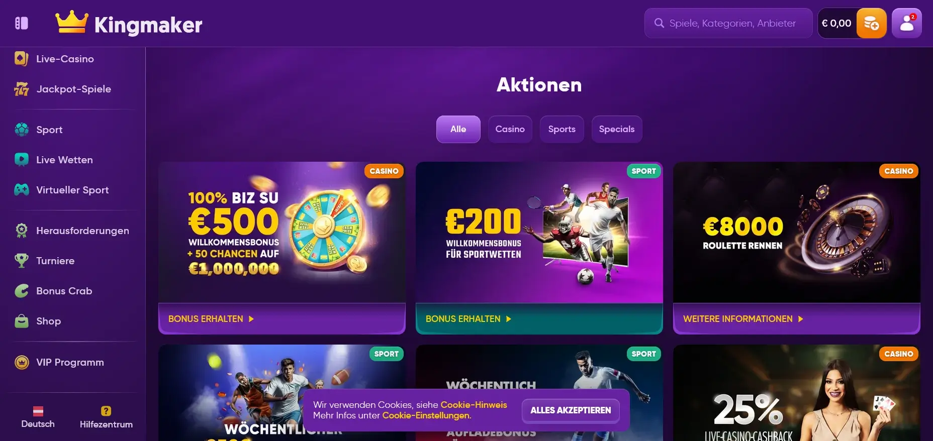 Übersicht der King Maker casino bonuses mit Einzahlungsbonus, Sportangeboten und Cashback Aktionen Aktionen und Angebote im Kingmaker Casino