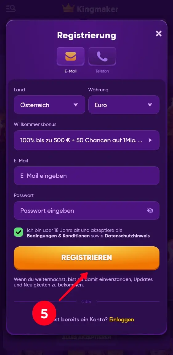 Registrierung bei Kingmaker bestätigen