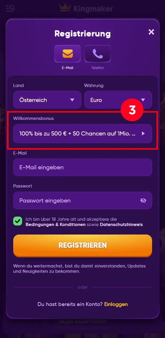 Kingmaker Willkommensbonus bei Registrierung
