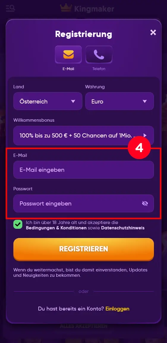 Formular für E-Mail und Passwort at Kingmaker