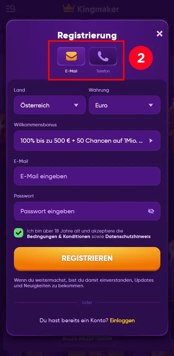Kingmaker Registrierung mit E-Mail Auswahl