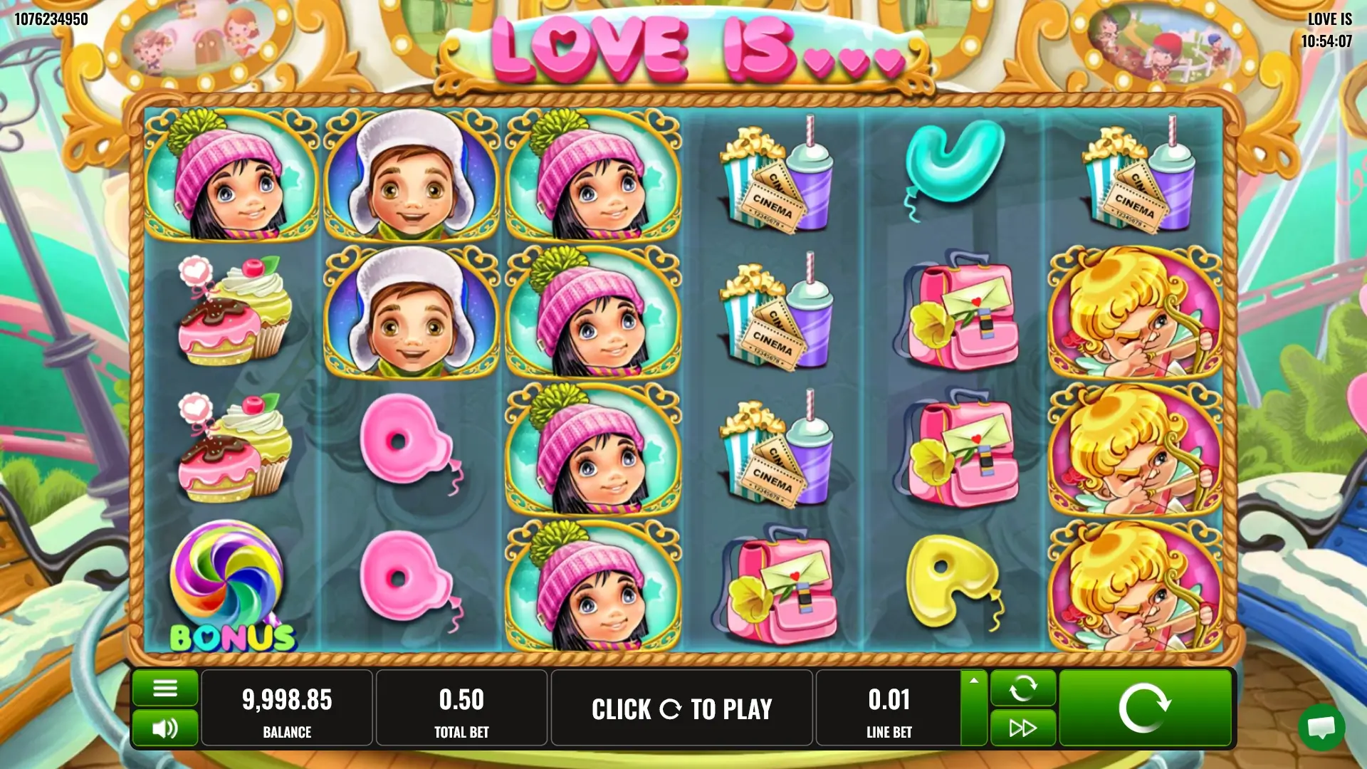 Verspieltes Gameplay im Love Is… Slot zum Valentinstag mit bunten Reihen Valentinstag Slot Love Is… mit Comic-Figuren