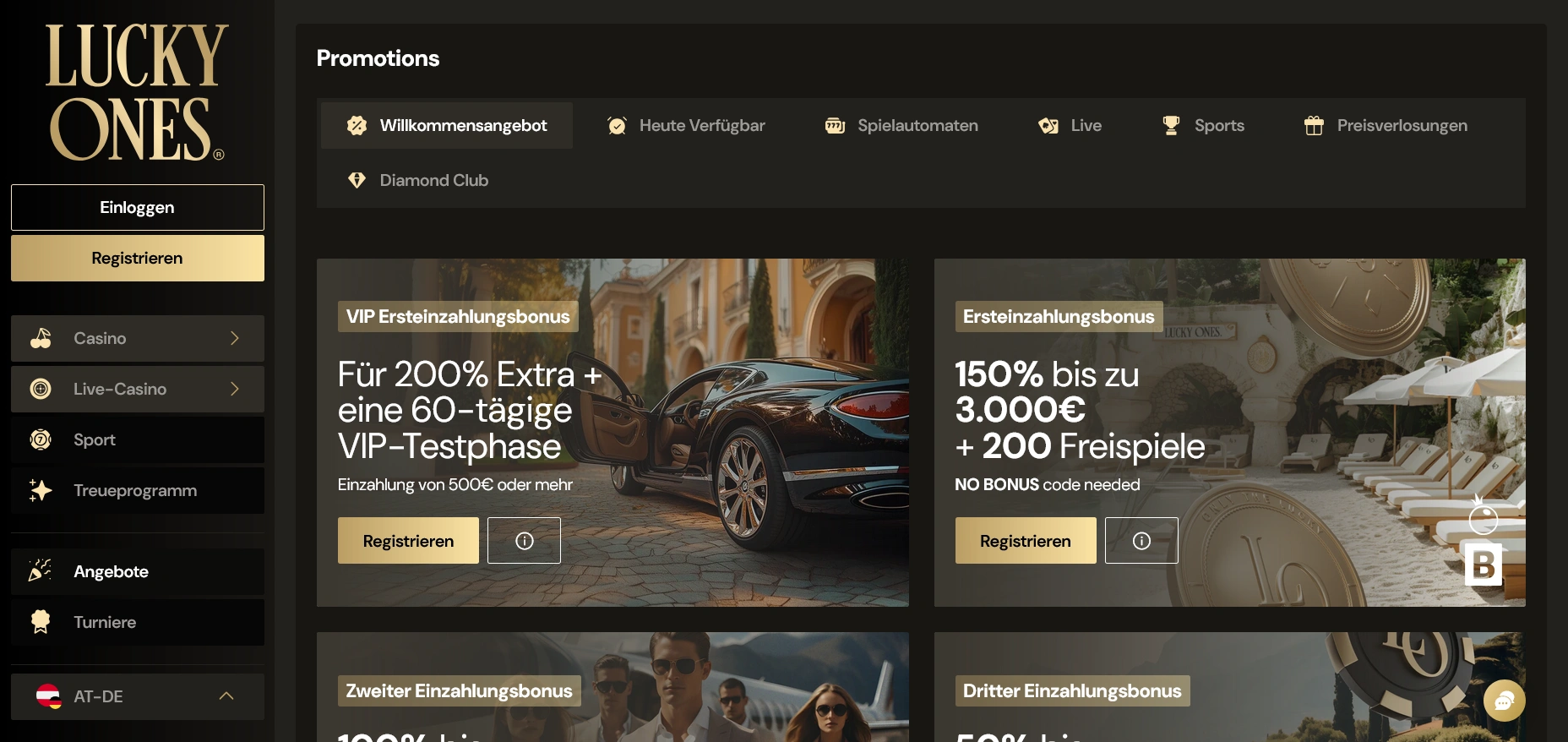 Übersicht der Bonusaktionen im Lucky Ones casino mit VIP-Ersteinzahlungsbonus und Freispiele-Angeboten Promotionsseite vom Lucky Ones casino mit Einzahlungsbonus