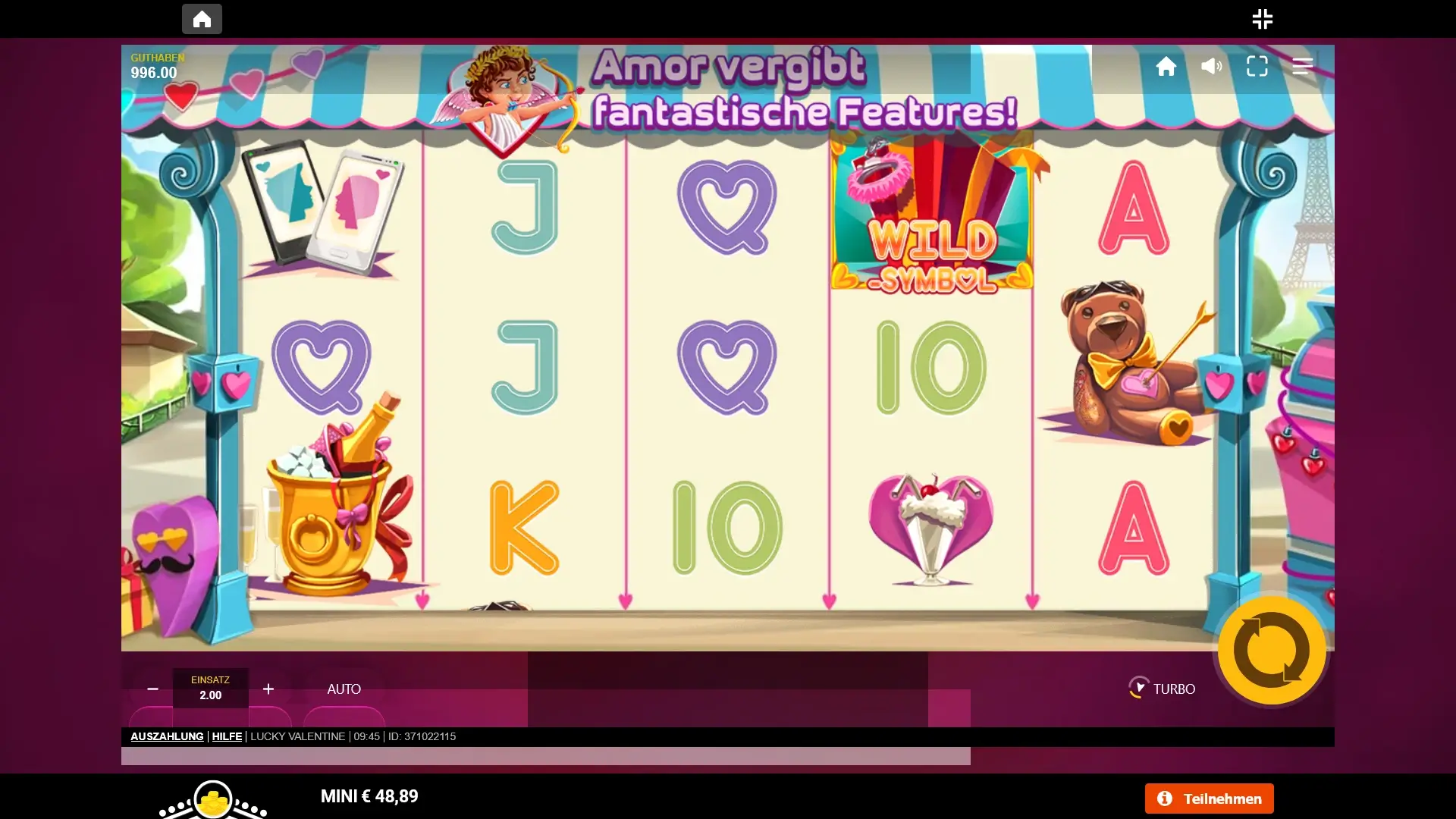 Romantisches Design im Lucky Valentine Slot als klassischer Valentinstag Spielautomat Walzen im Valentinstag Slot Lucky Valentine mit Herzsymbolen