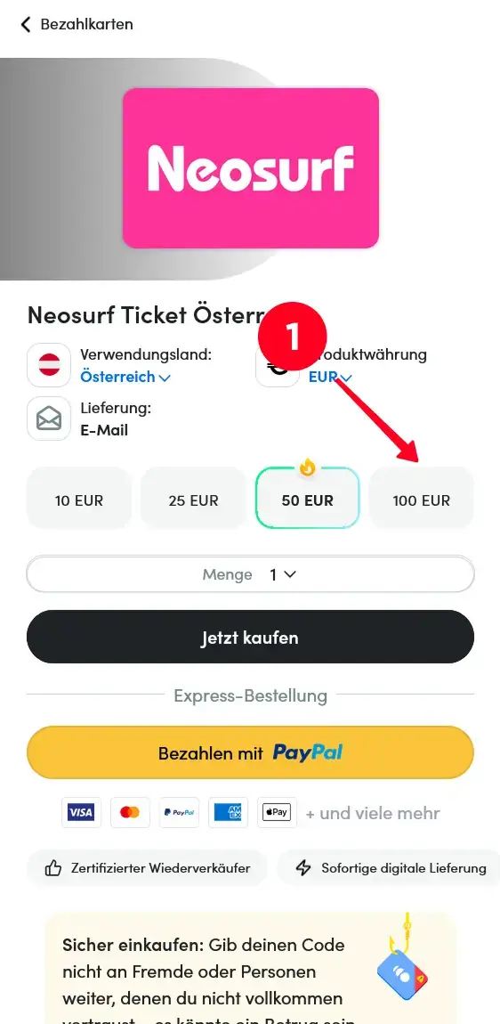 Neosurf Gutschein Kauf mit 50 Euro Auswahl