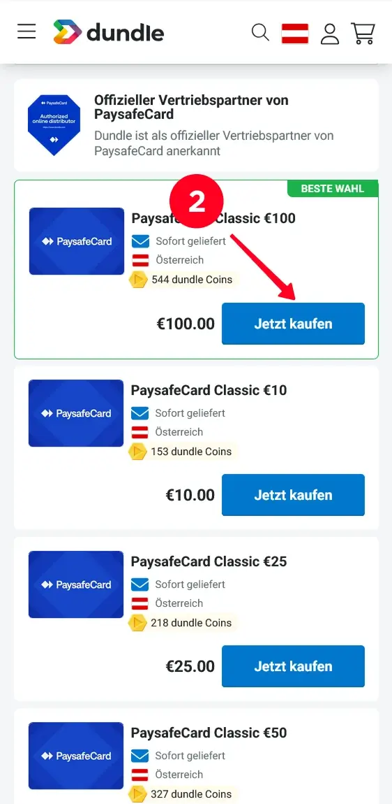 PaysafeCard 100 Euro bei Dundle auswählen