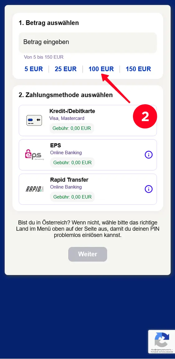 Betragsauswahl beim Paysafecard kaufen